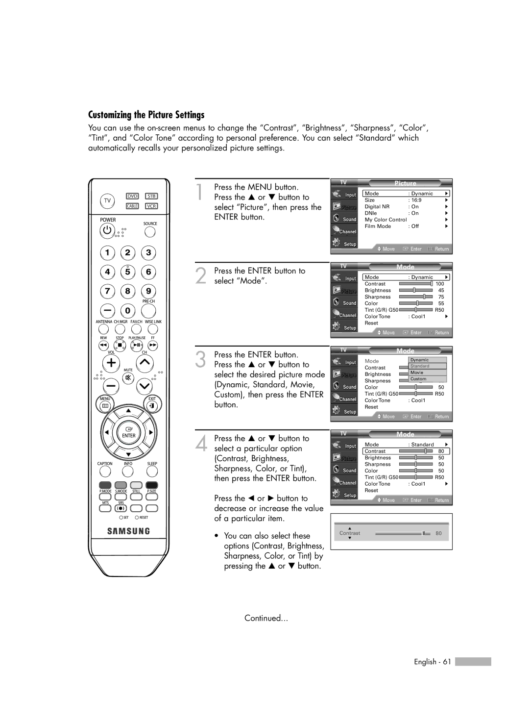 Samsung HL-S5086W manual Customizing the Picture Settings 