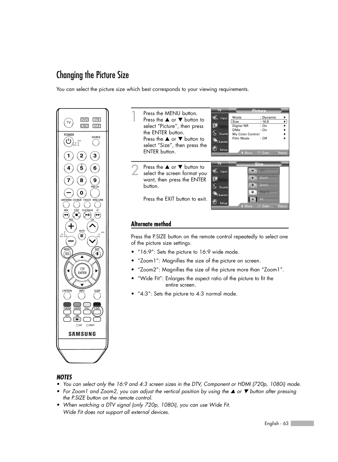 Samsung HL-S5086W manual Changing the Picture Size, Alternate method 