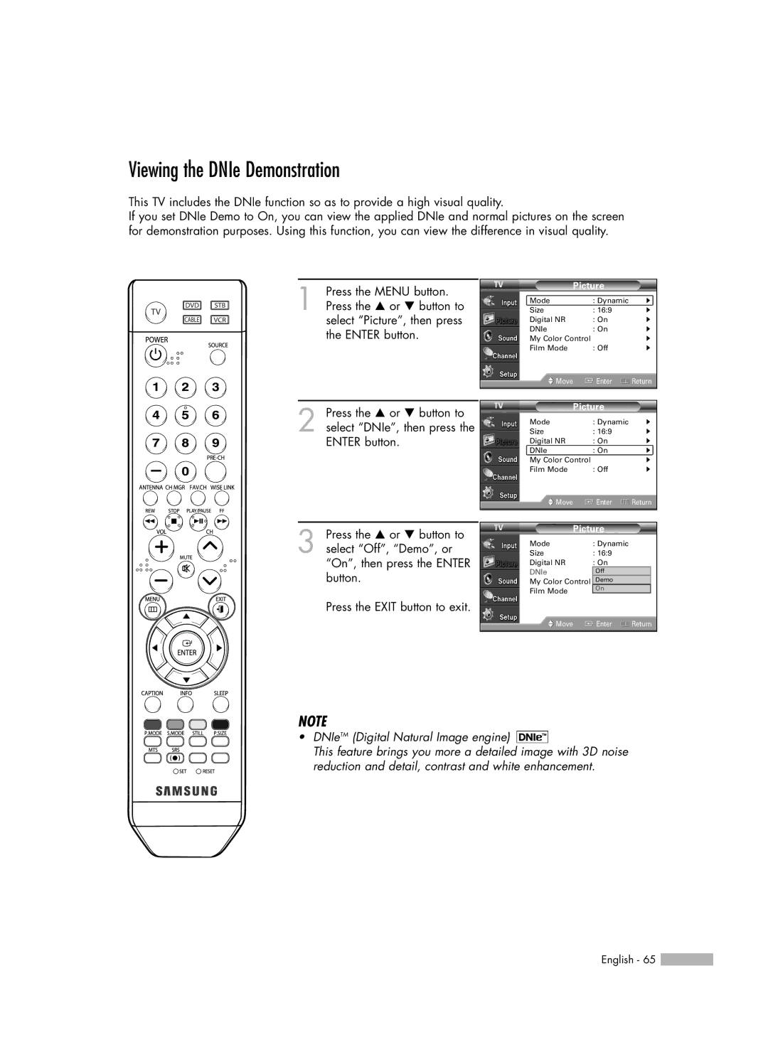 Samsung HL-S5086W manual Viewing the DNIe Demonstration, DNIeTM Digital Natural Image engine 