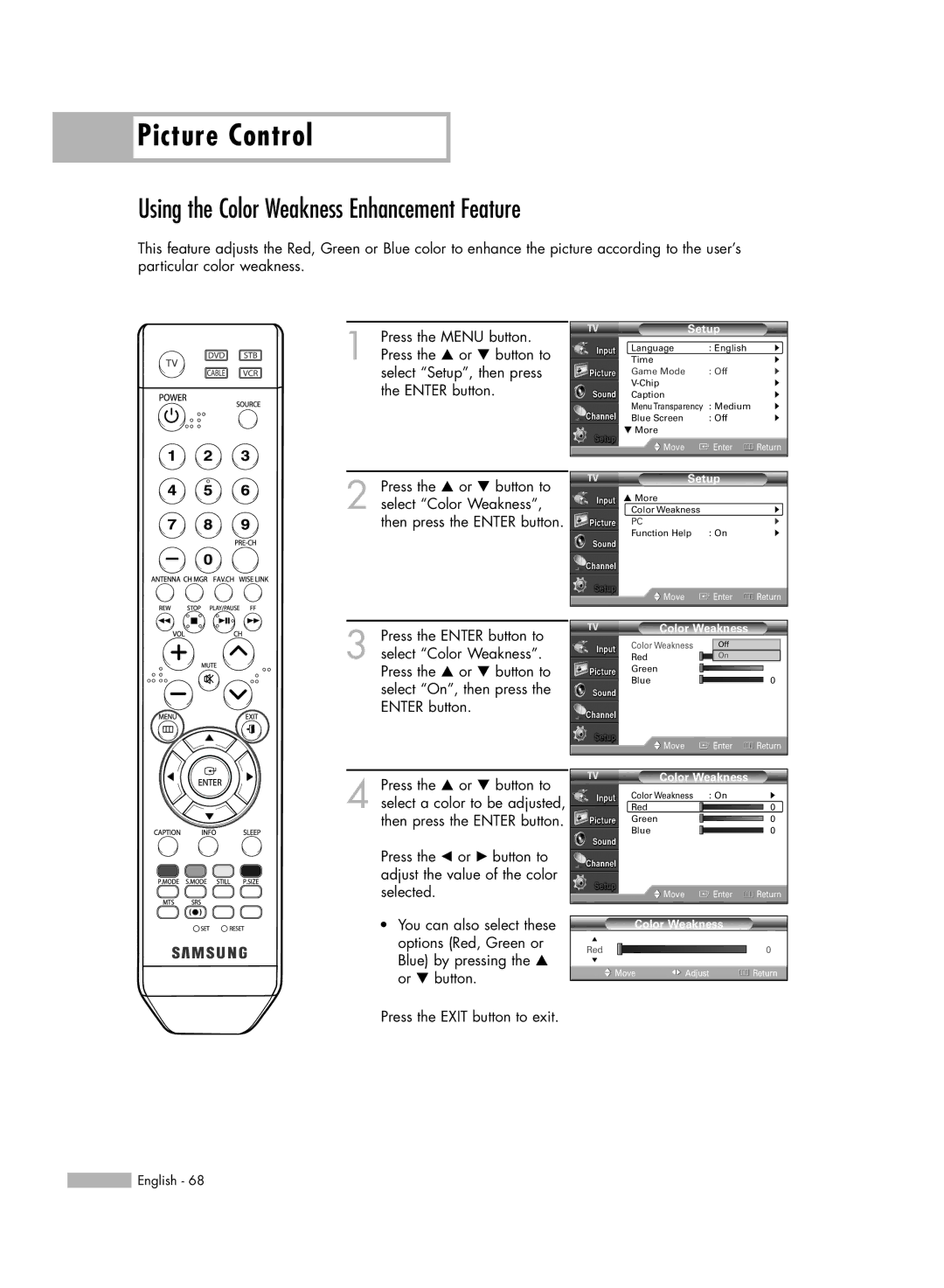 Samsung HL-S5086W manual Using the Color Weakness Enhancement Feature 