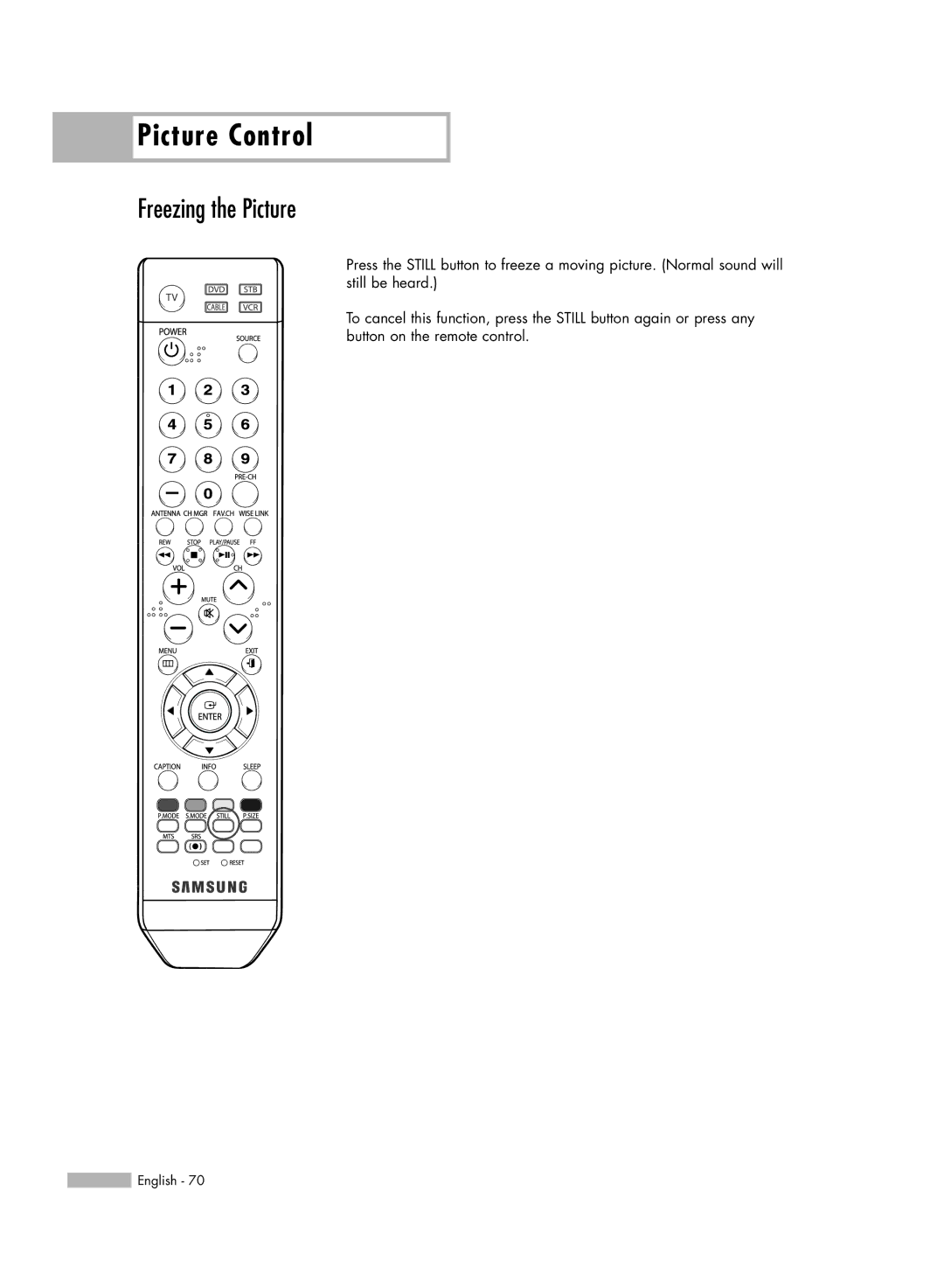 Samsung HL-S5086W manual Freezing the Picture 