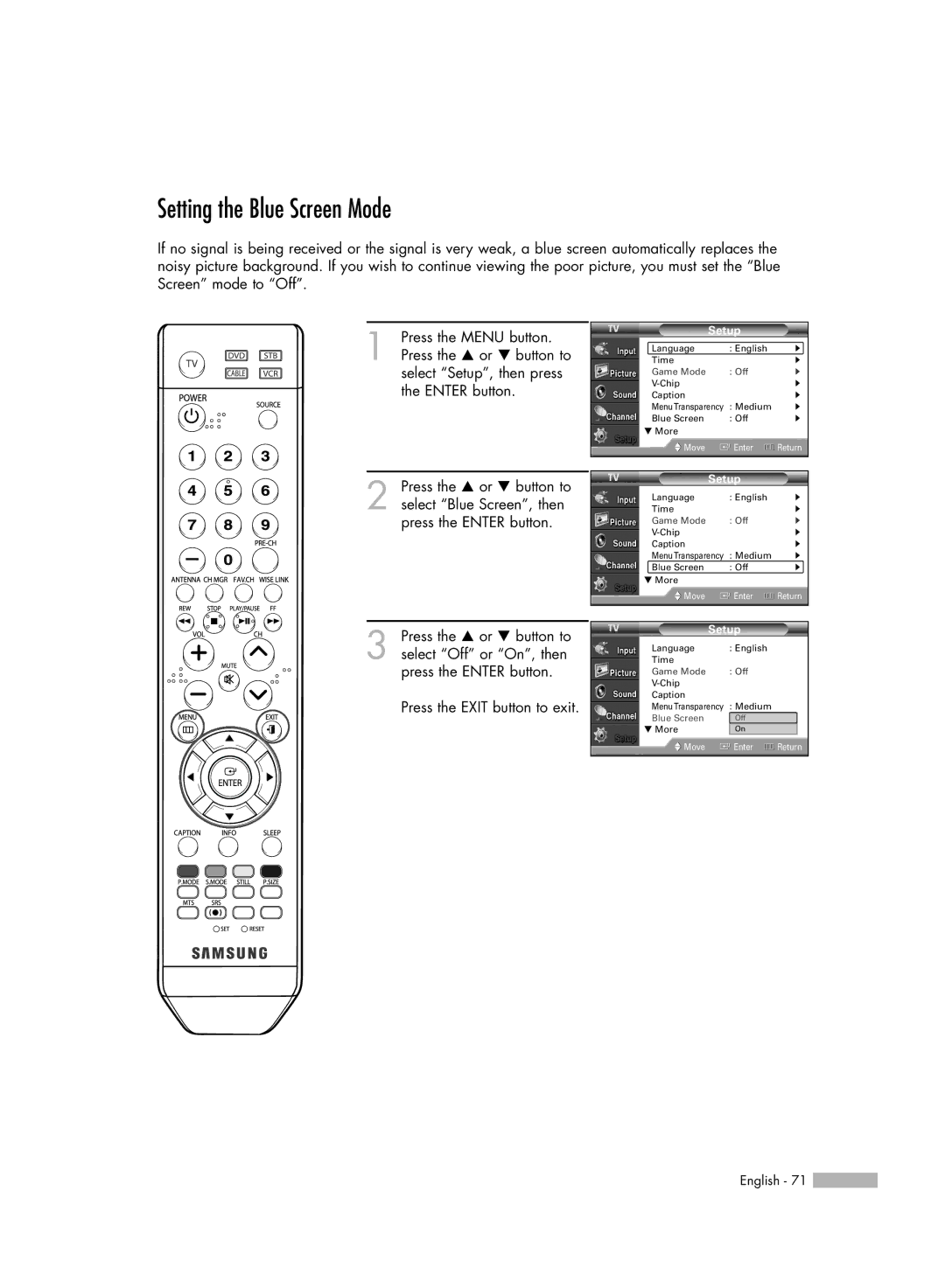 Samsung HL-S5086W manual Setting the Blue Screen Mode 