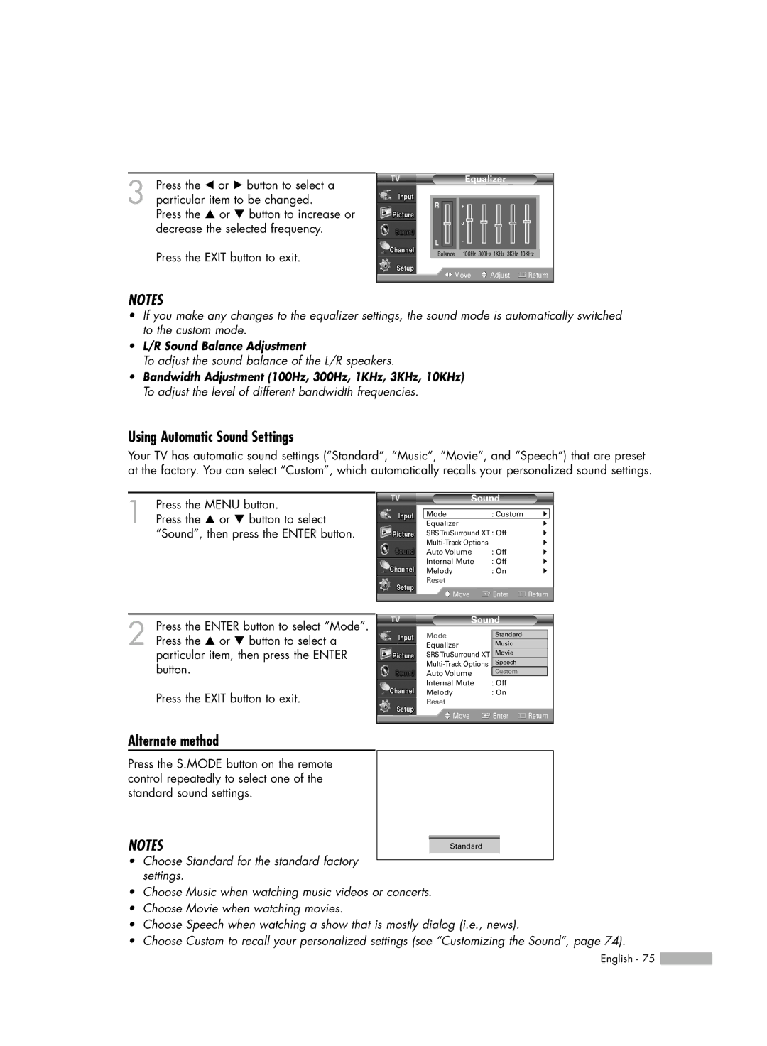 Samsung HL-S5086W manual Using Automatic Sound Settings, Sound Balance Adjustment 