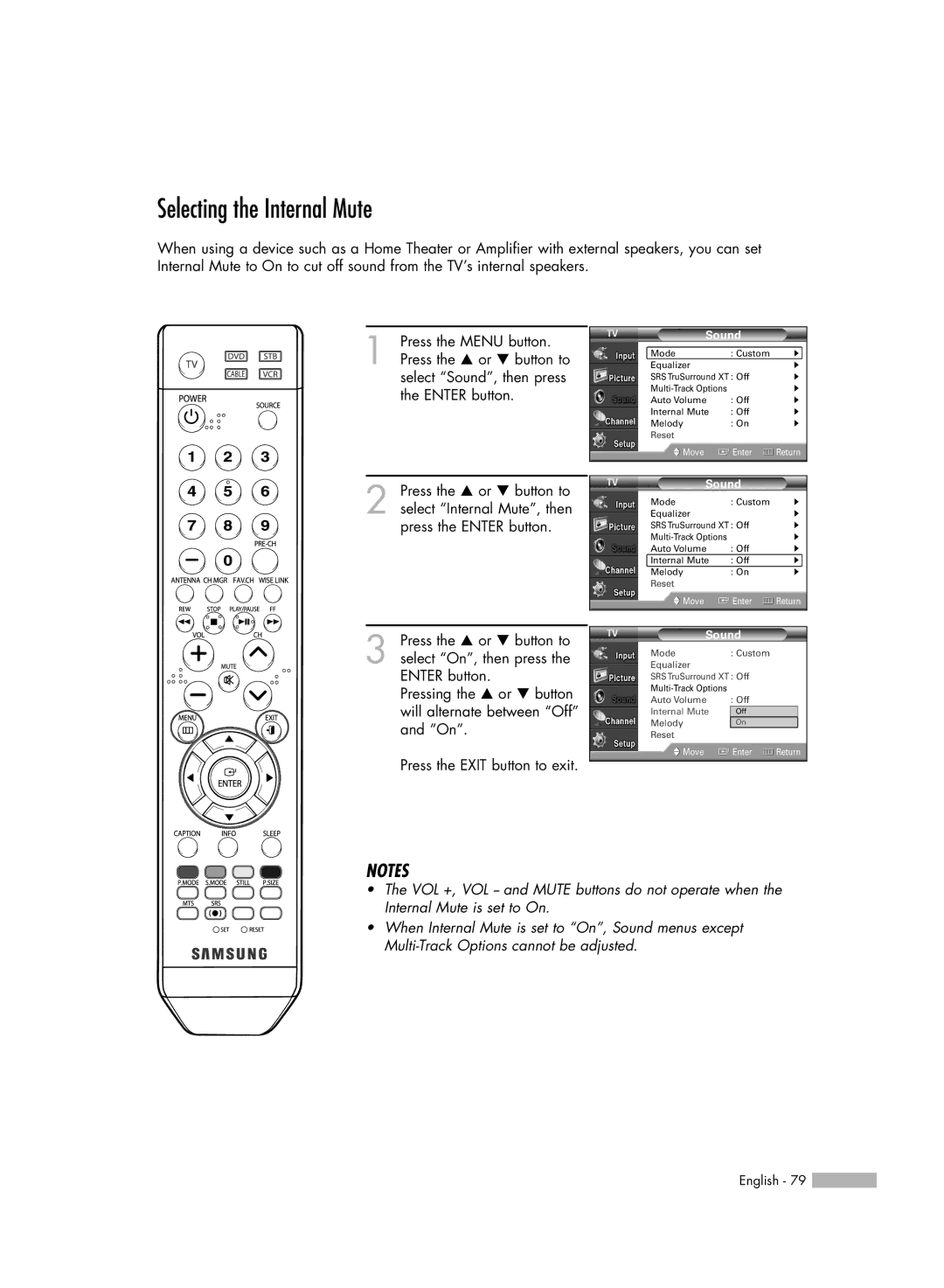 Samsung HL-S5086W manual Selecting the Internal Mute 