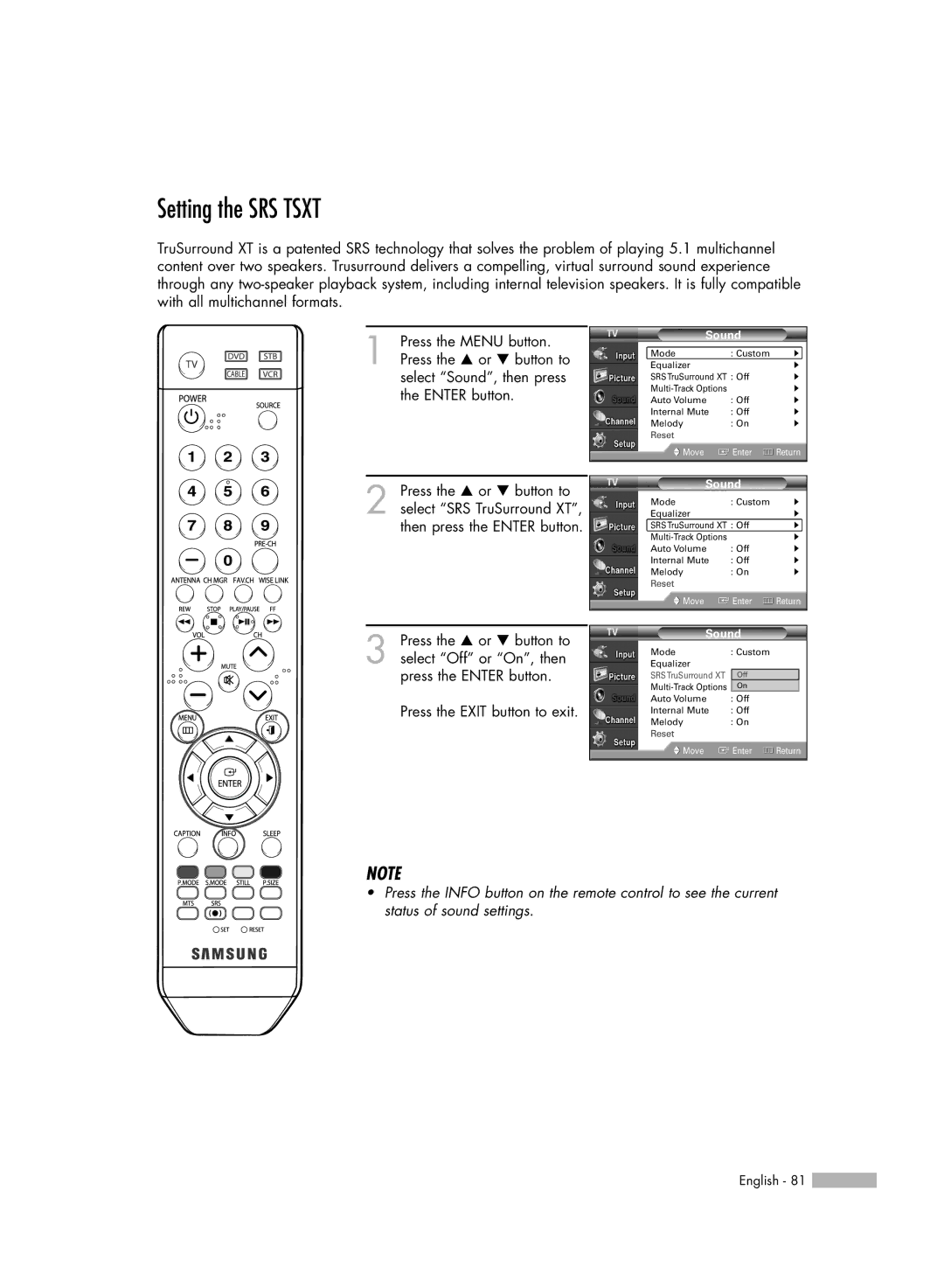 Samsung HL-S5086W manual Setting the SRS Tsxt 