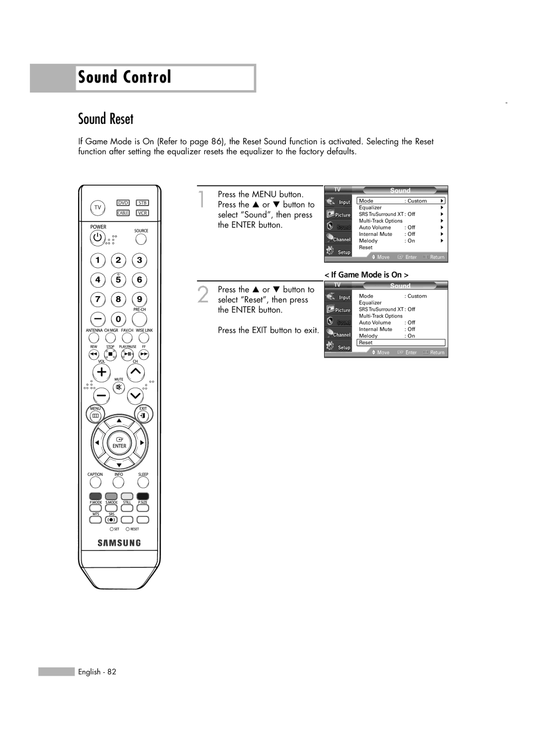 Samsung HL-S5086W manual Sound Reset, If Game Mode is On 