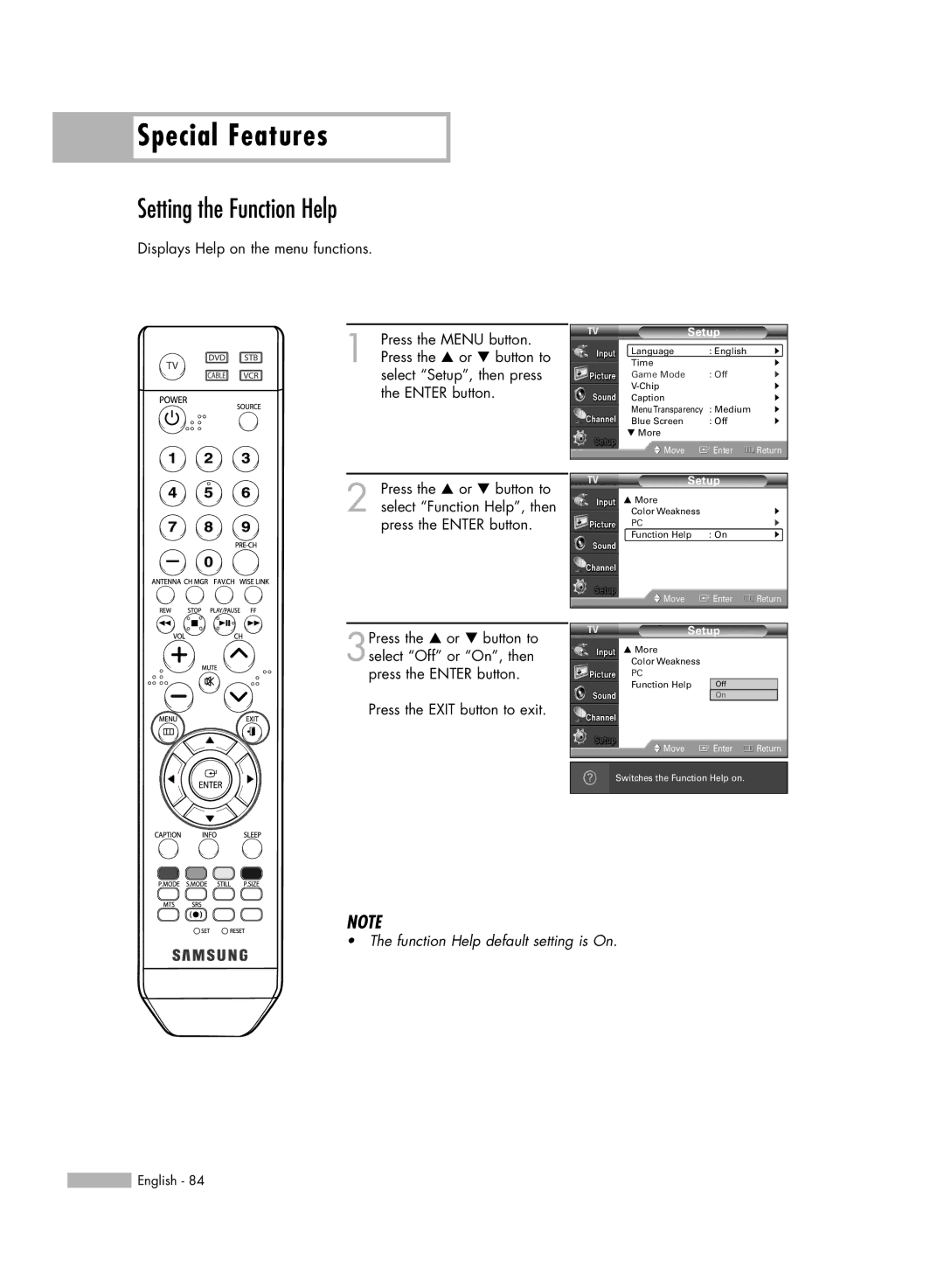 Samsung HL-S5086W manual Special Features, Setting the Function Help 