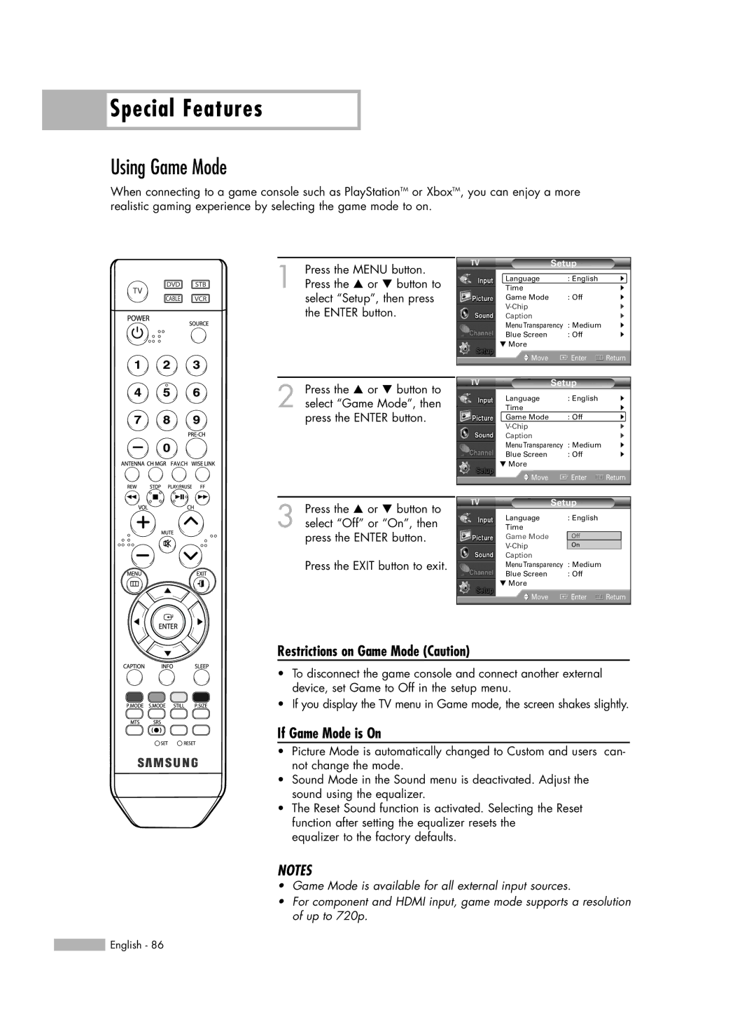 Samsung HL-S5086W manual Using Game Mode, Restrictions on Game Mode Caution, If Game Mode is On 