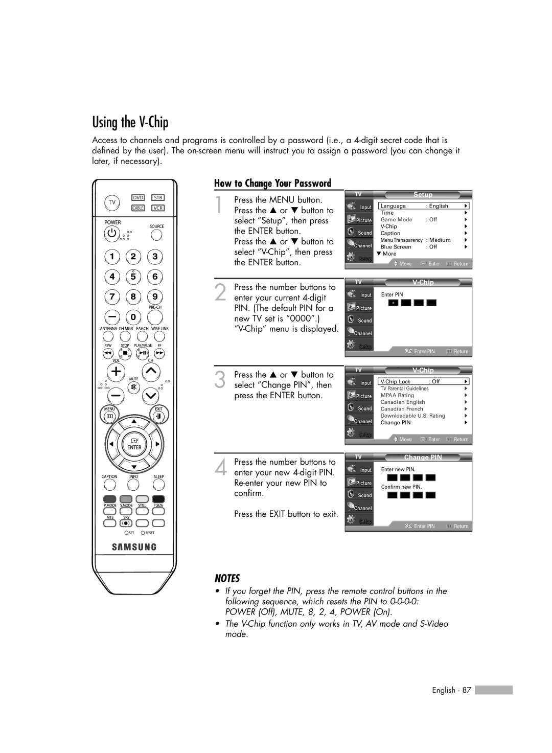 Samsung HL-S5086W manual Using the V-Chip, How to Change Your Password 