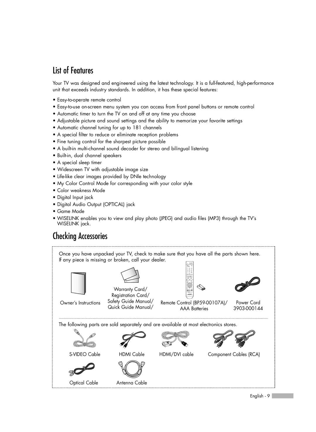 Samsung HL-S5086W manual List of Features, Checking Accessories 