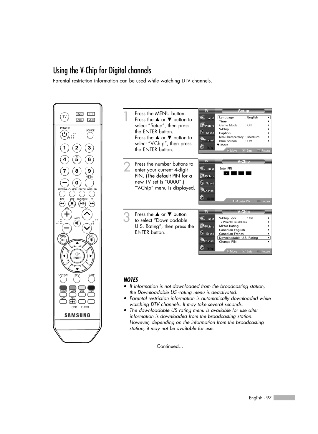 Samsung HL-S5086W manual Using the V-Chip for Digital channels 