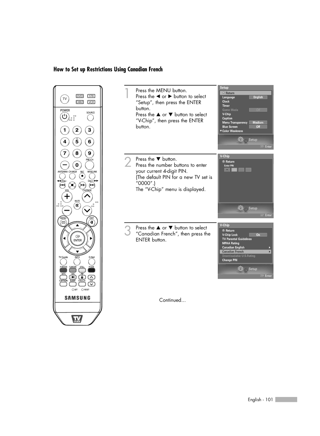 Samsung HL-S5679W manual How to Set up Restrictions Using Canadian French 