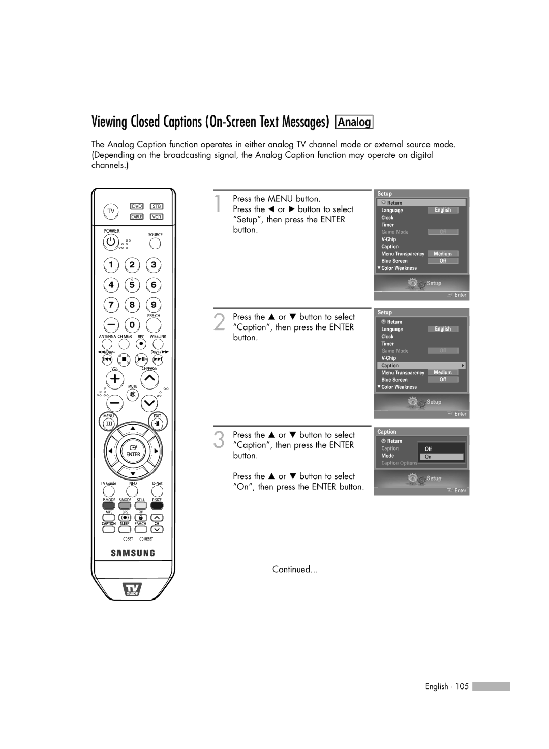 Samsung HL-S5679W manual Viewing Closed Captions On-Screen Text Messages 