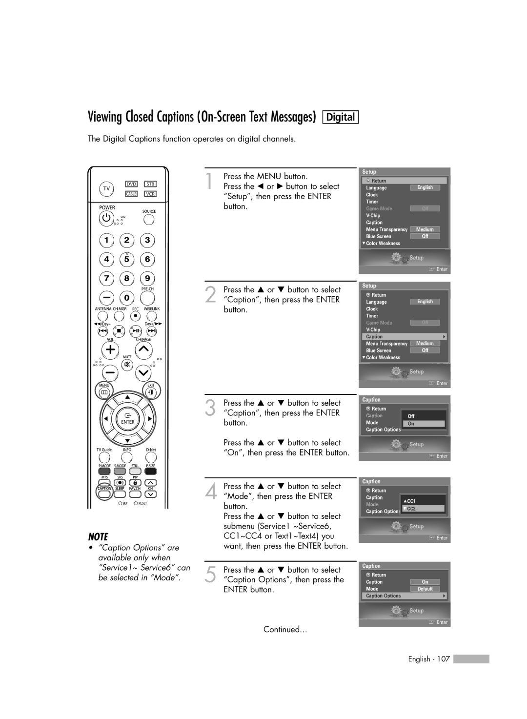 Samsung HL-S5679W manual Viewing Closed Captions On-Screen Text Messages 