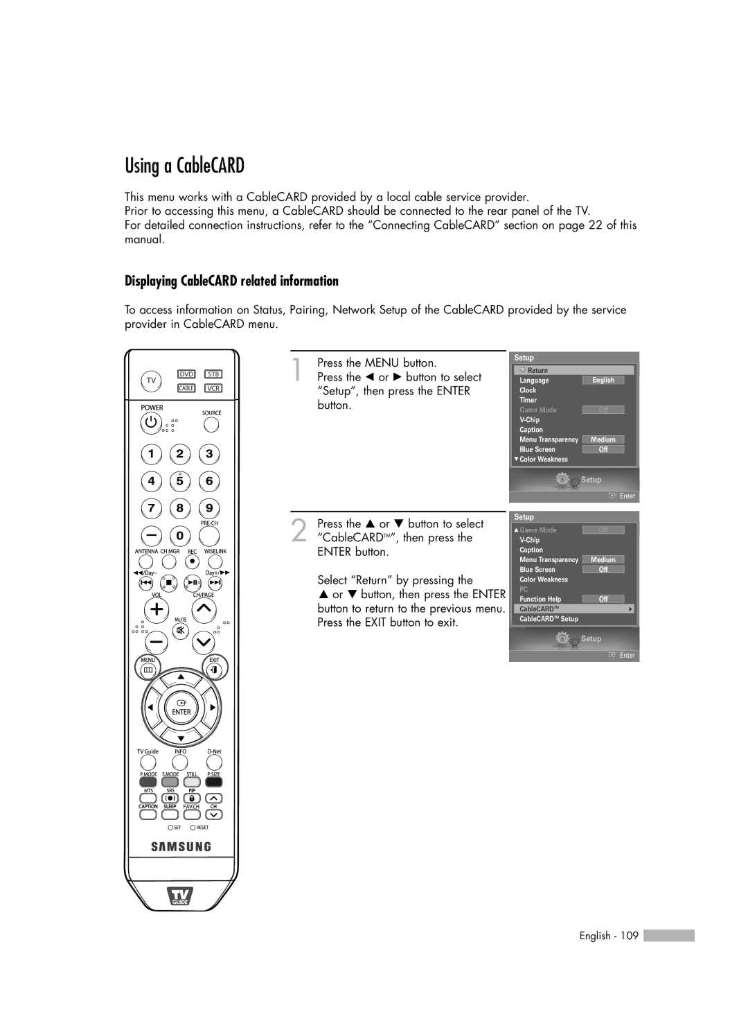 Samsung HL-S5679W manual Using a CableCARD, Displaying CableCARD related information 