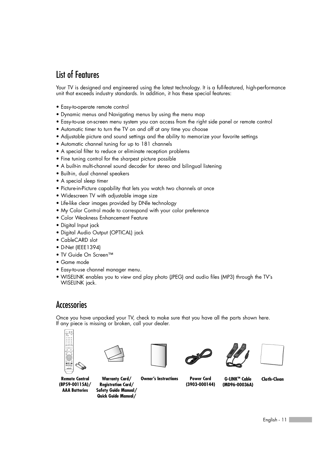 Samsung HL-S5679W manual List of Features, Accessories 