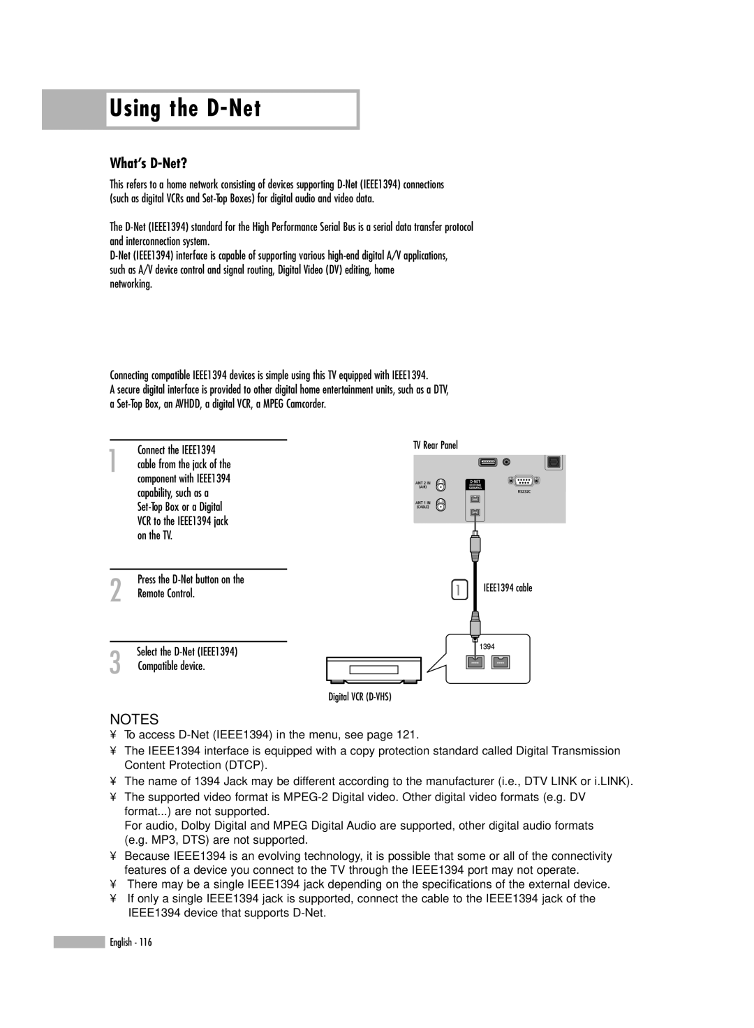 Samsung HL-S5679W manual How to connect compatible IEEE1394 Devices, What’s D-Net? 