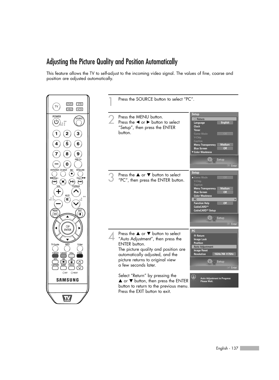 Samsung HL-S5679W manual Adjusting the Picture Quality and Position Automatically 