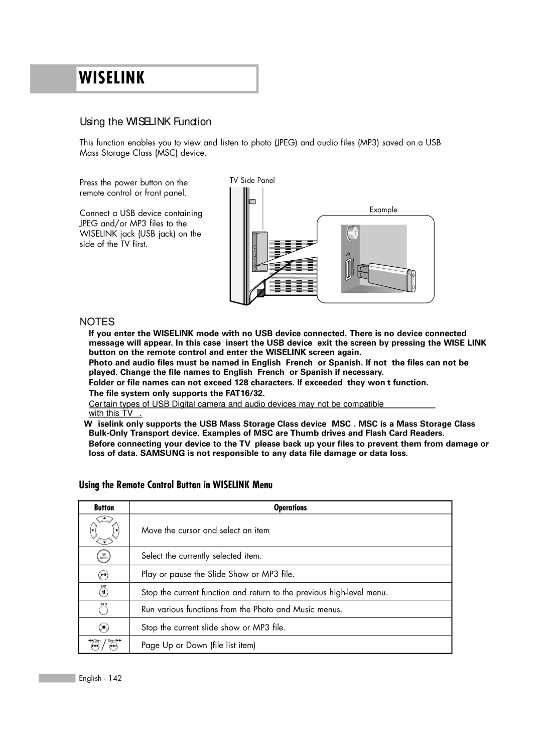 Samsung HL-S5679W manual Using the Wiselink Function, Using the Remote Control Button in Wiselink Menu 