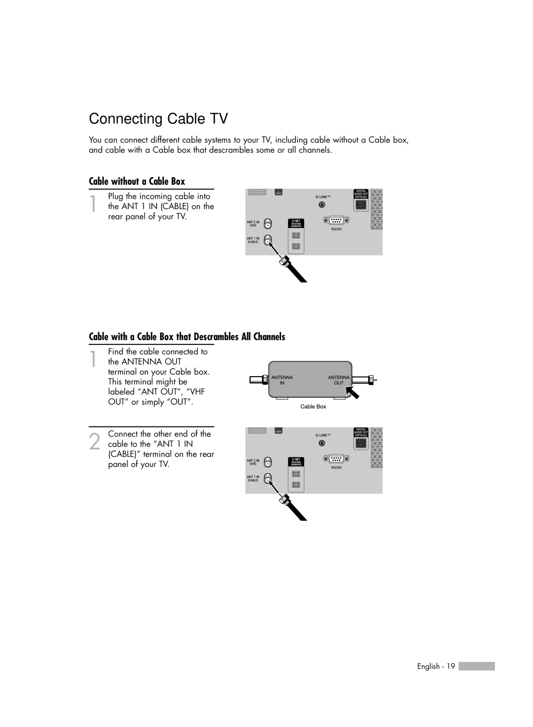 Samsung HL-S5679W Connecting Cable TV, Cable without a Cable Box, Cable with a Cable Box that Descrambles All Channels 