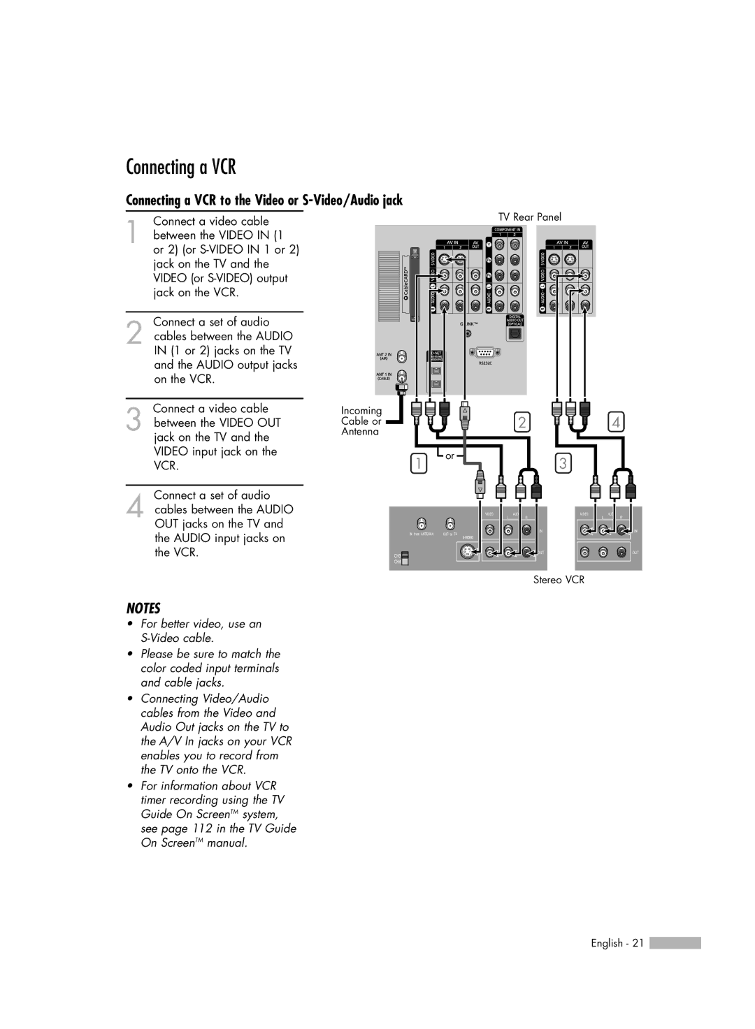 Samsung HL-S5679W manual Connecting a VCR to the Video or S-Video/Audio jack 