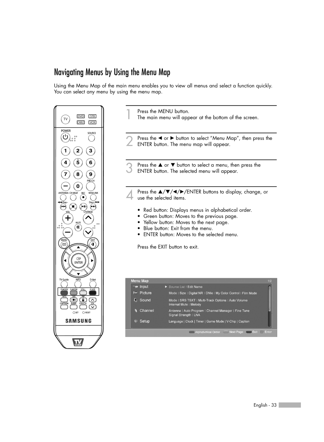 Samsung HL-S5679W manual Navigating Menus by Using the Menu Map 