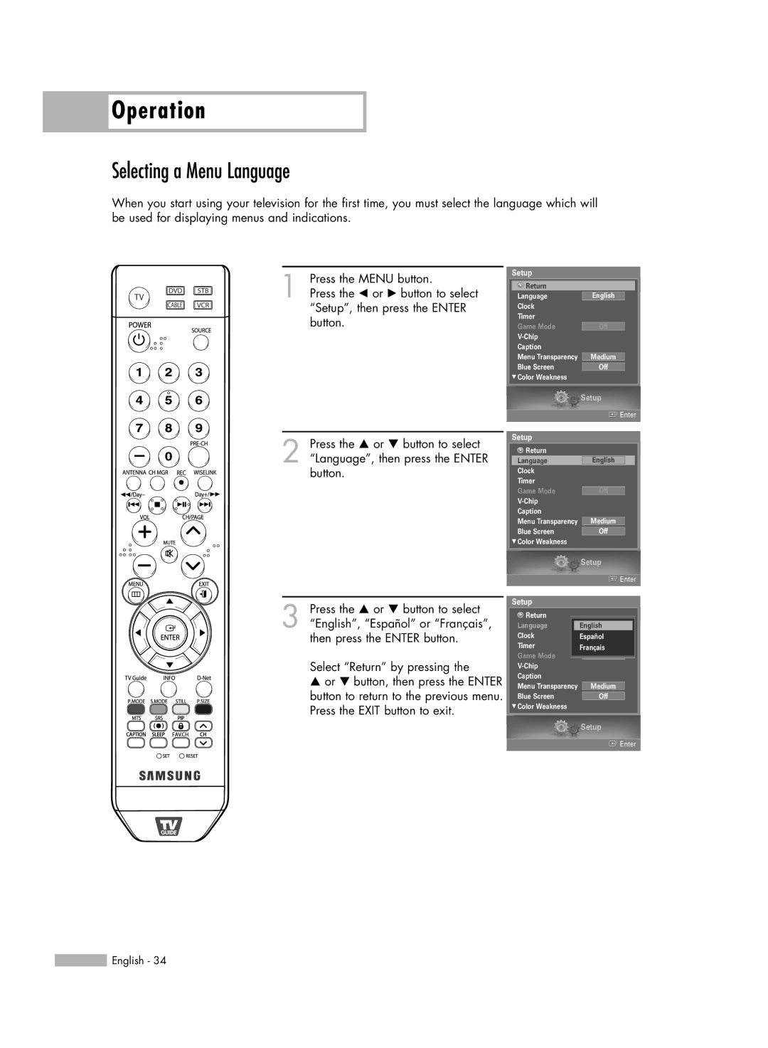 Samsung HL-S5679W manual Selecting a Menu Language, Setup 