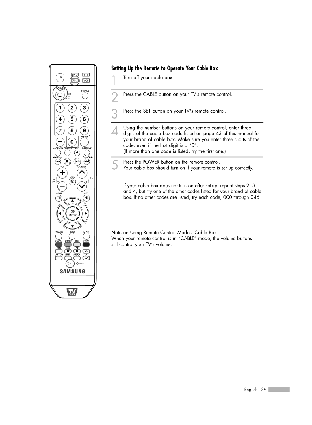 Samsung HL-S5679W manual Setting Up the Remote to Operate Your Cable Box 