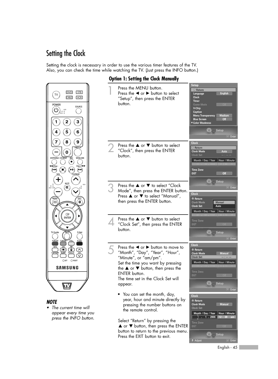 Samsung HL-S5679W manual Option 1 Setting the Clock Manually 