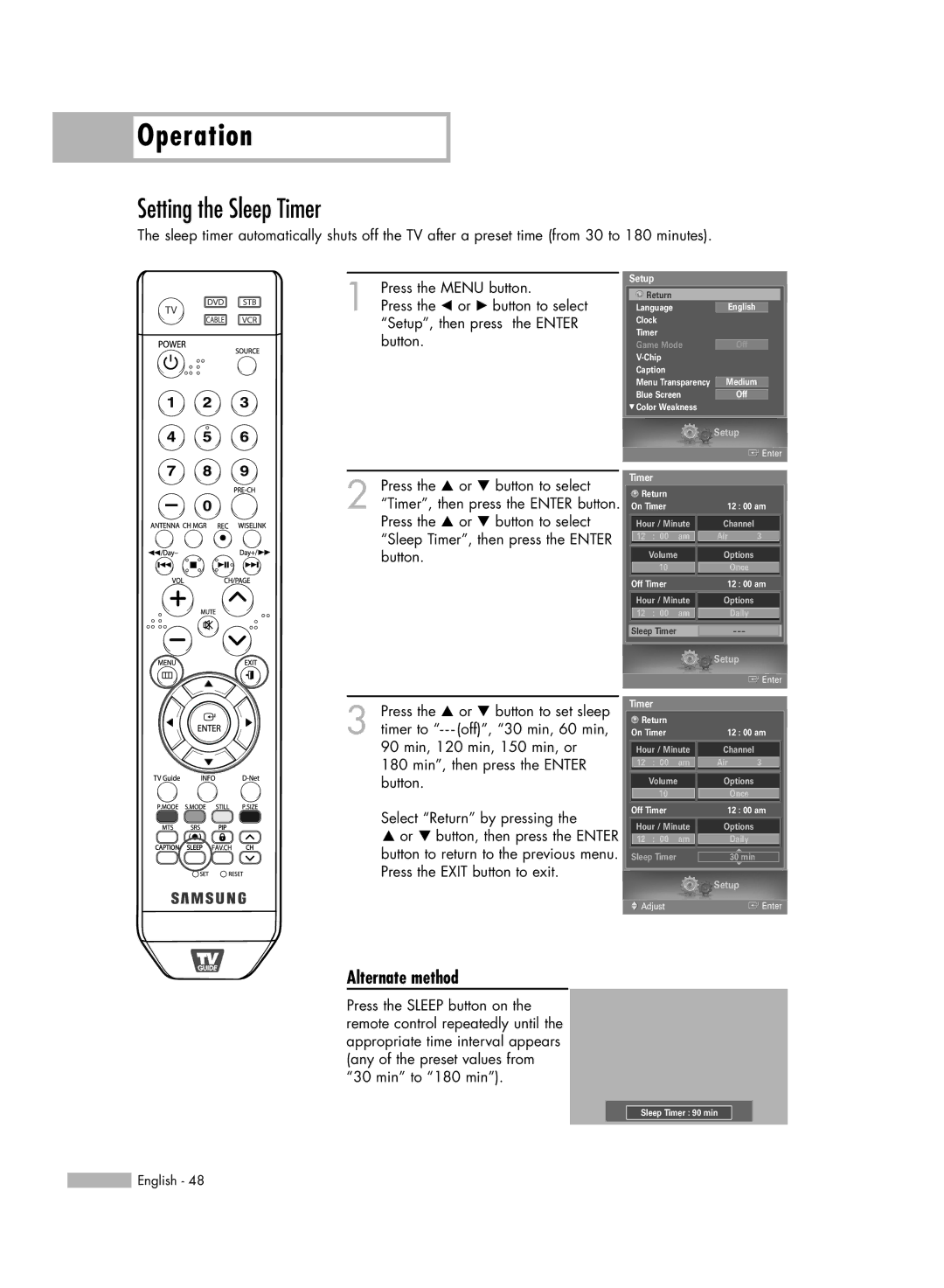 Samsung HL-S5679W manual Setting the Sleep Timer, Alternate method 