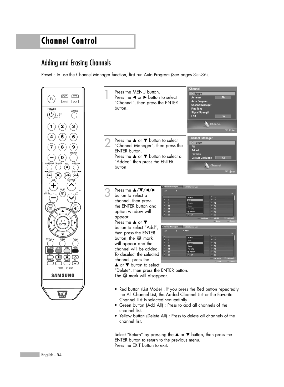 Samsung HL-S5679W manual Adding and Erasing Channels 