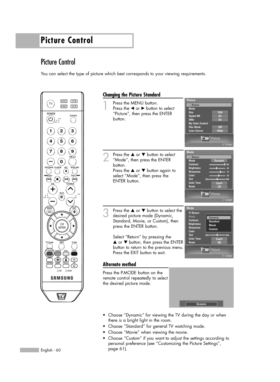 Samsung HL-S5679W manual Picture Control, Changing the Picture Standard 