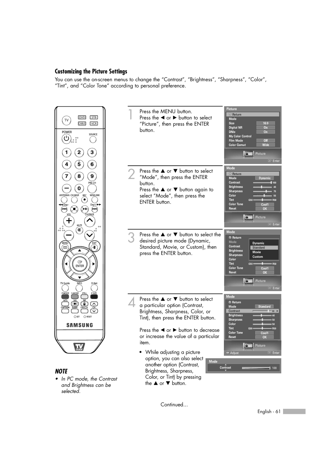 Samsung HL-S5679W manual Customizing the Picture Settings, PC mode, the Contrast and Brightness can be selected 