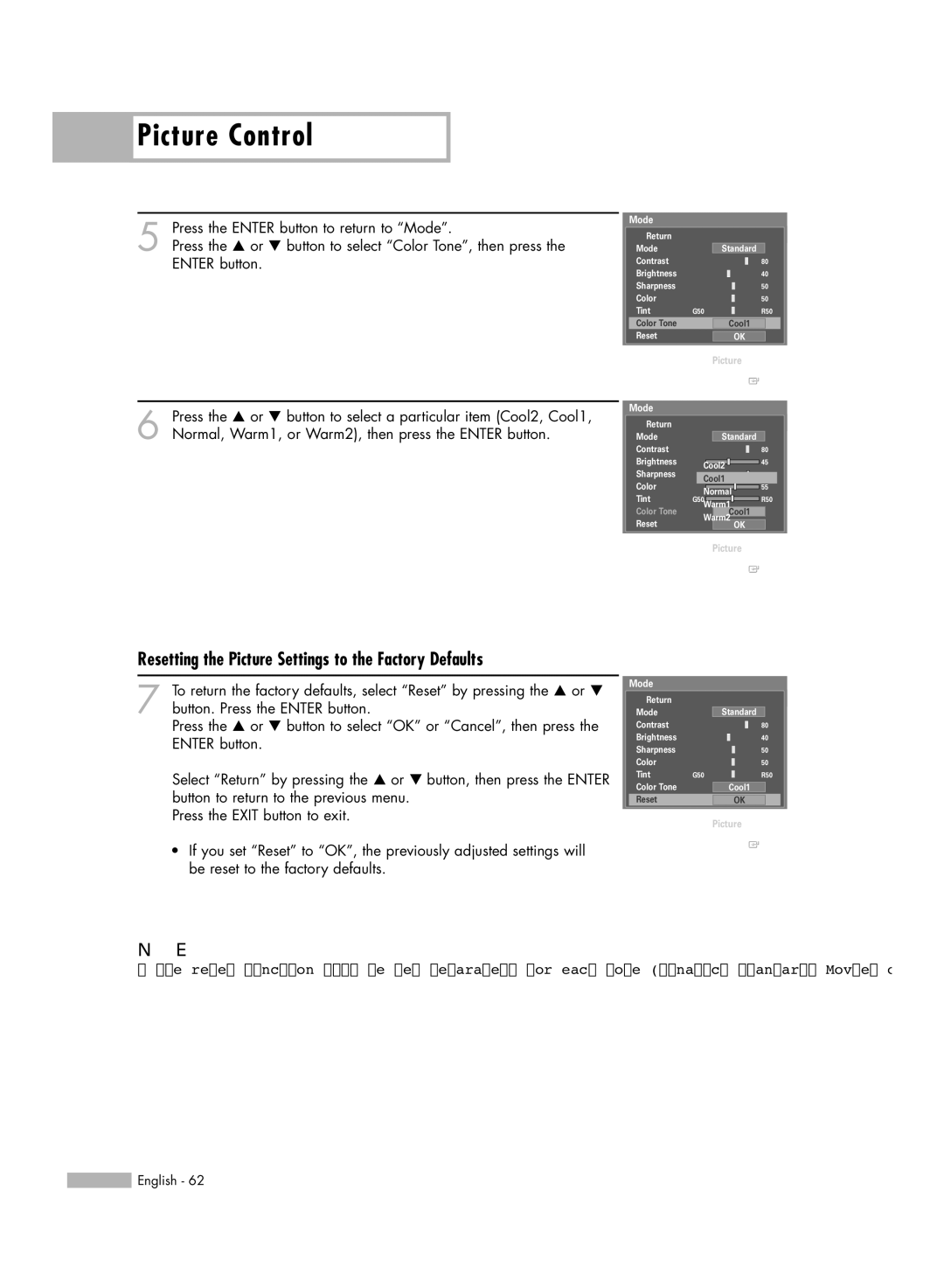 Samsung HL-S5679W manual Resetting the Picture Settings to the Factory Defaults 