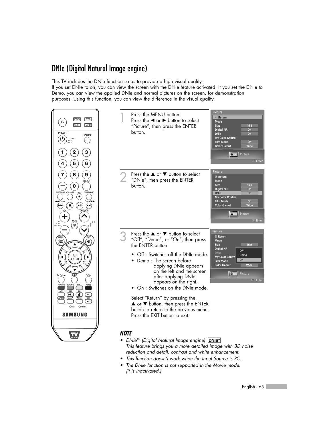 Samsung HL-S5679W manual DNIe Digital Natural Image engine, On Switches on the DNIe mode Select Return by pressing 