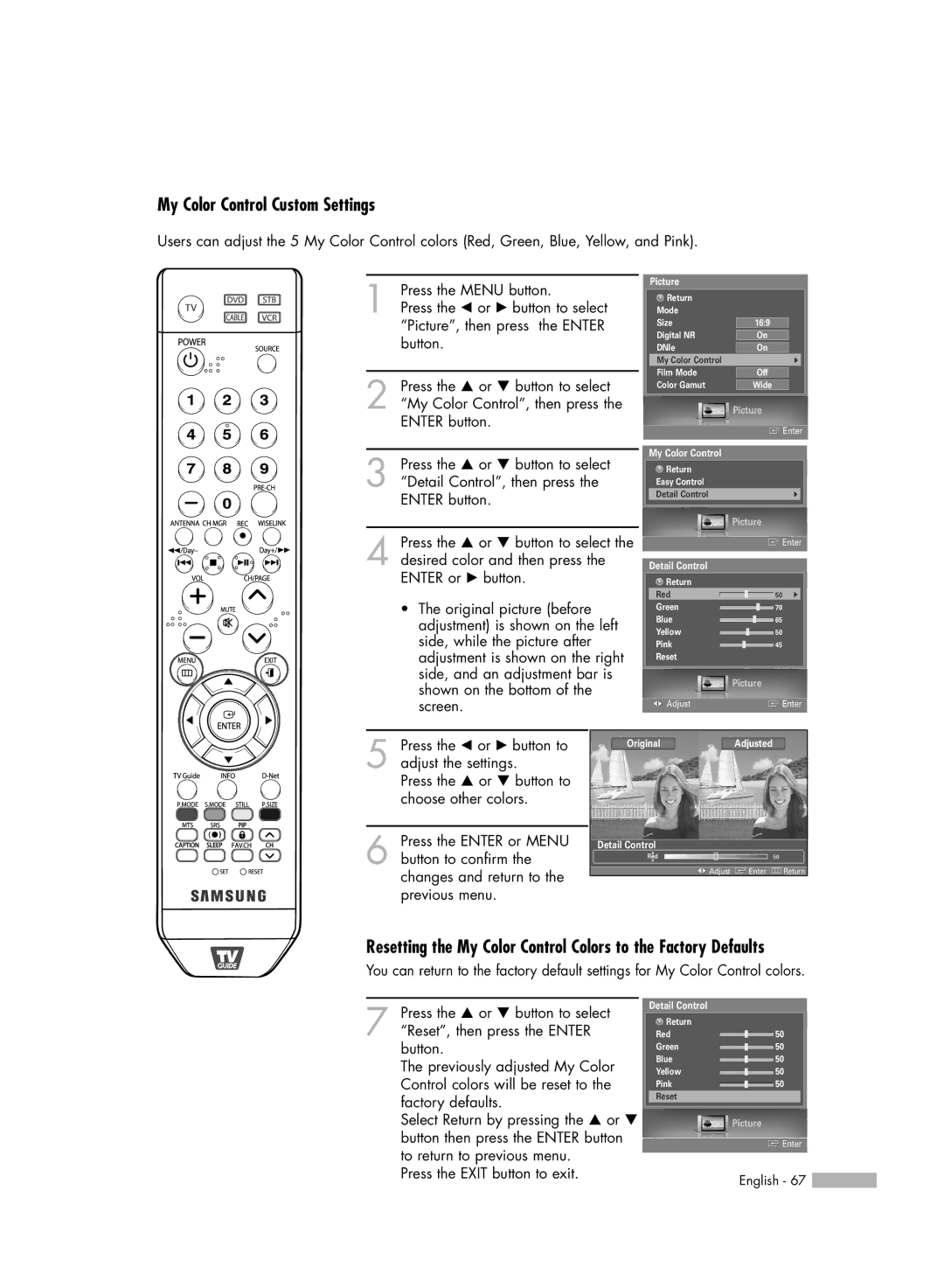 Samsung HL-S5679W manual My Color Control Custom Settings 