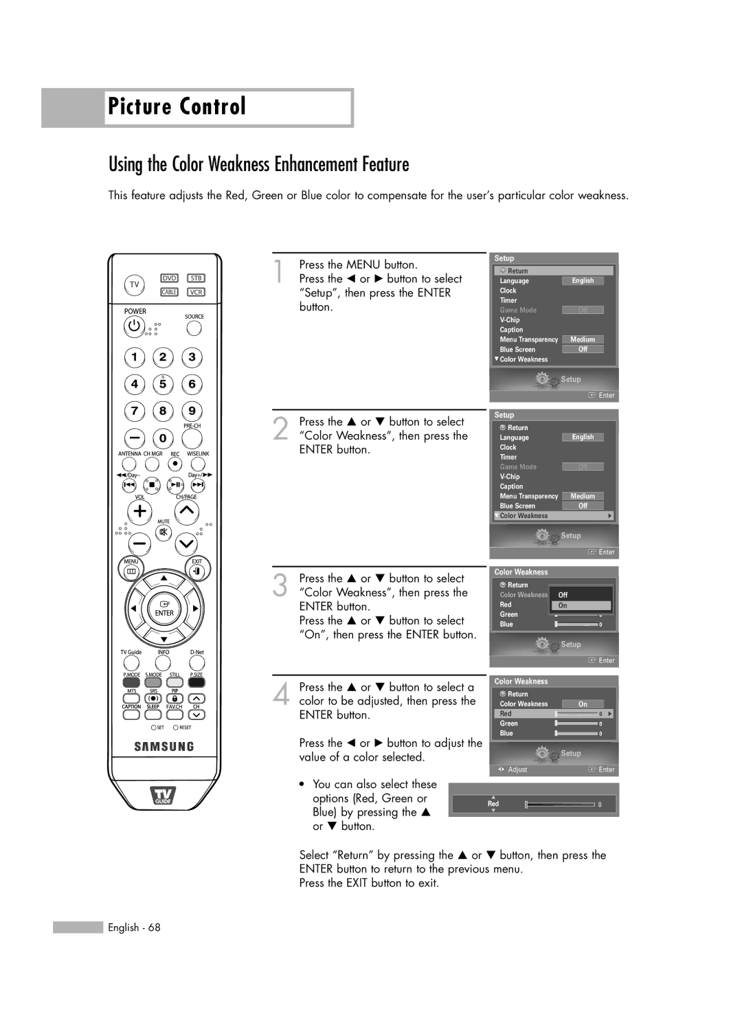 Samsung HL-S5679W manual Using the Color Weakness Enhancement Feature 