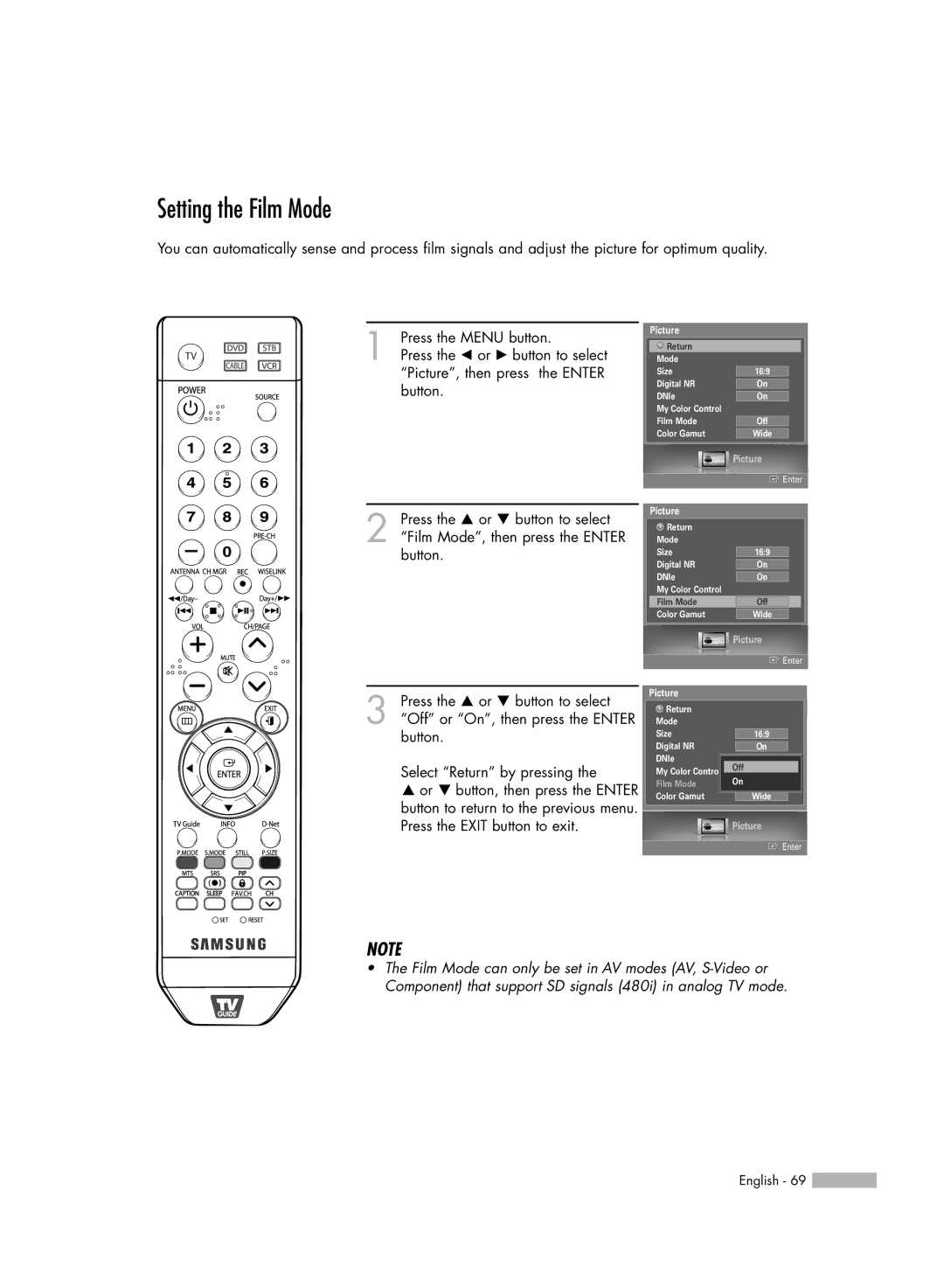 Samsung HL-S5679W manual Setting the Film Mode 