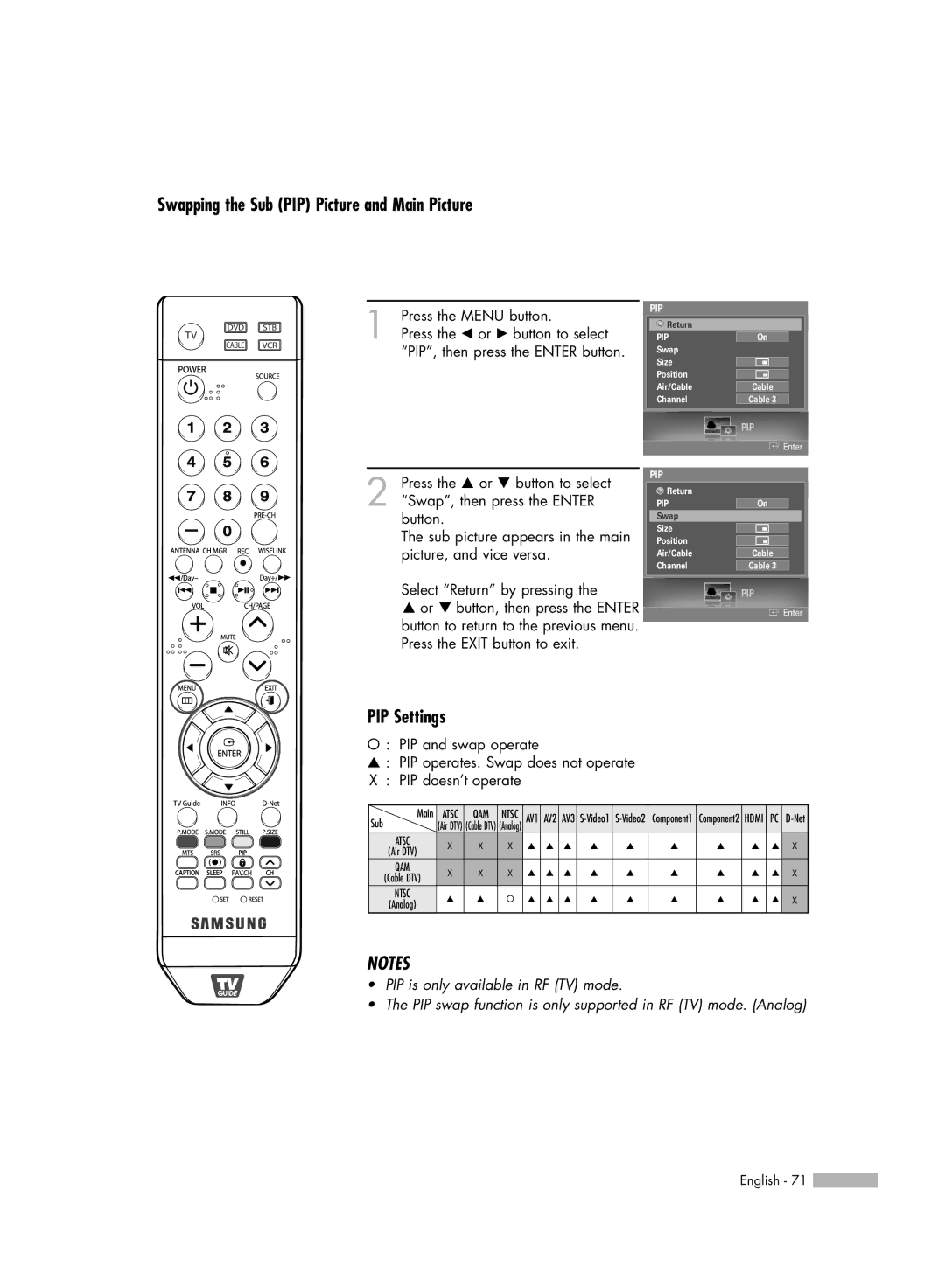 Samsung HL-S5679W manual Swapping the Sub PIP Picture and Main Picture, PIP Settings 