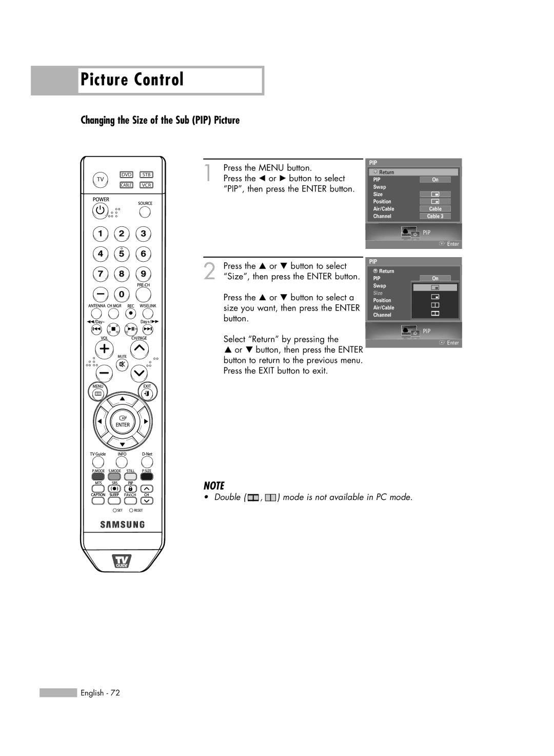 Samsung HL-S5679W manual Changing the Size of the Sub PIP Picture 