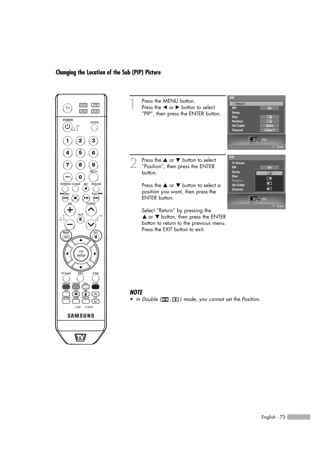 Samsung HL-S5679W manual Changing the Location of the Sub PIP Picture 