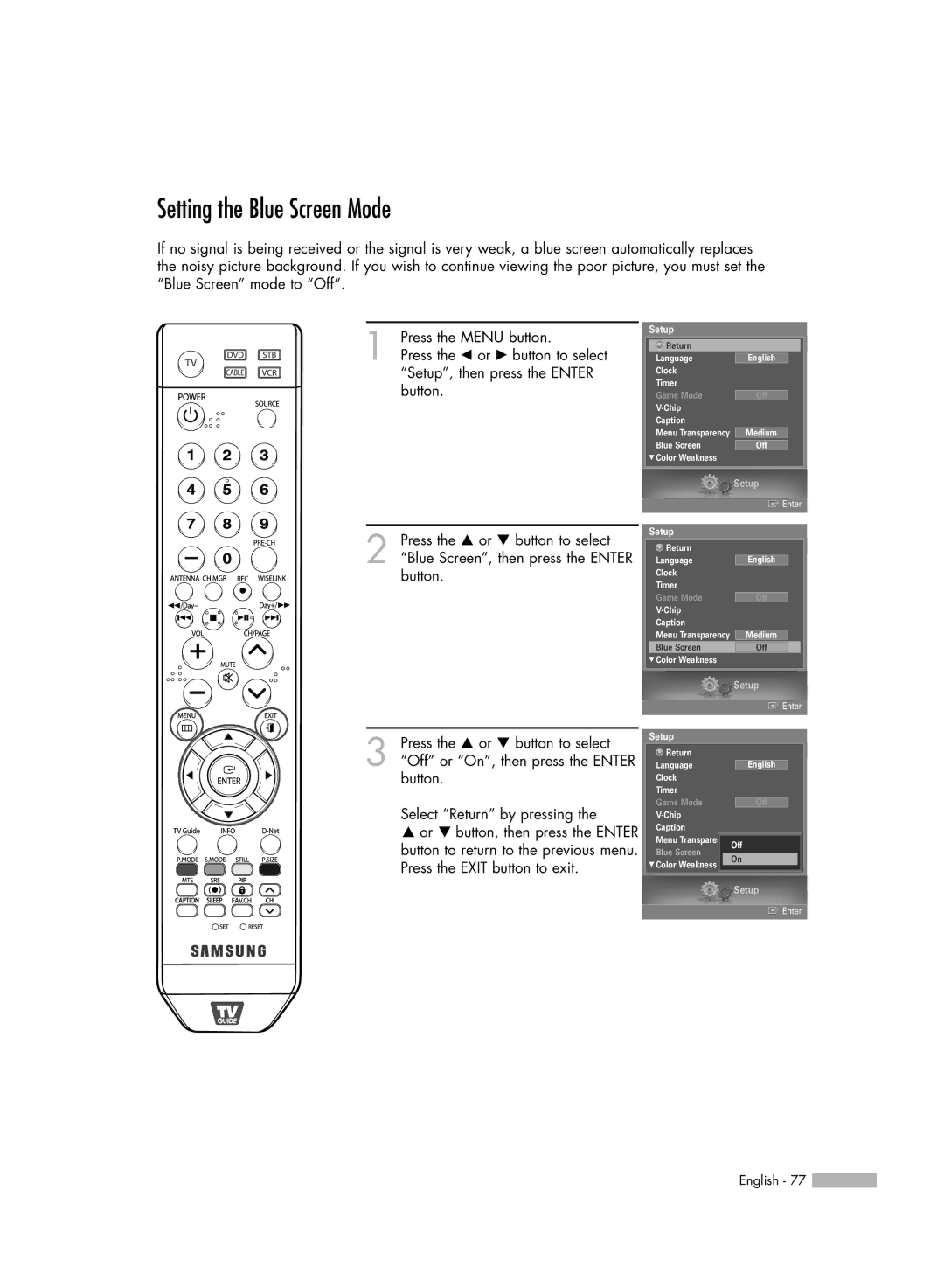 Samsung HL-S5679W manual Setting the Blue Screen Mode 