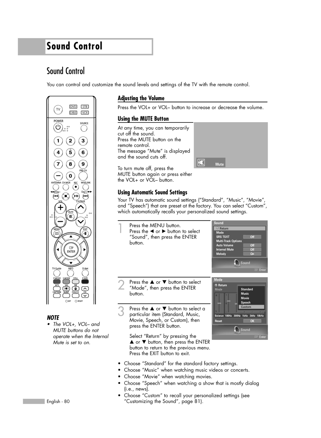 Samsung HL-S5679W manual Sound Control, Adjusting the Volume, Using the Mute Button, Using Automatic Sound Settings 