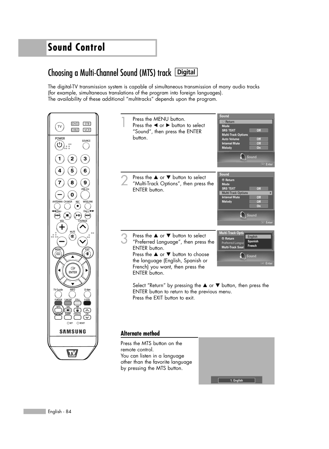 Samsung HL-S5679W manual Choosing a Multi-Channel Sound MTS track 