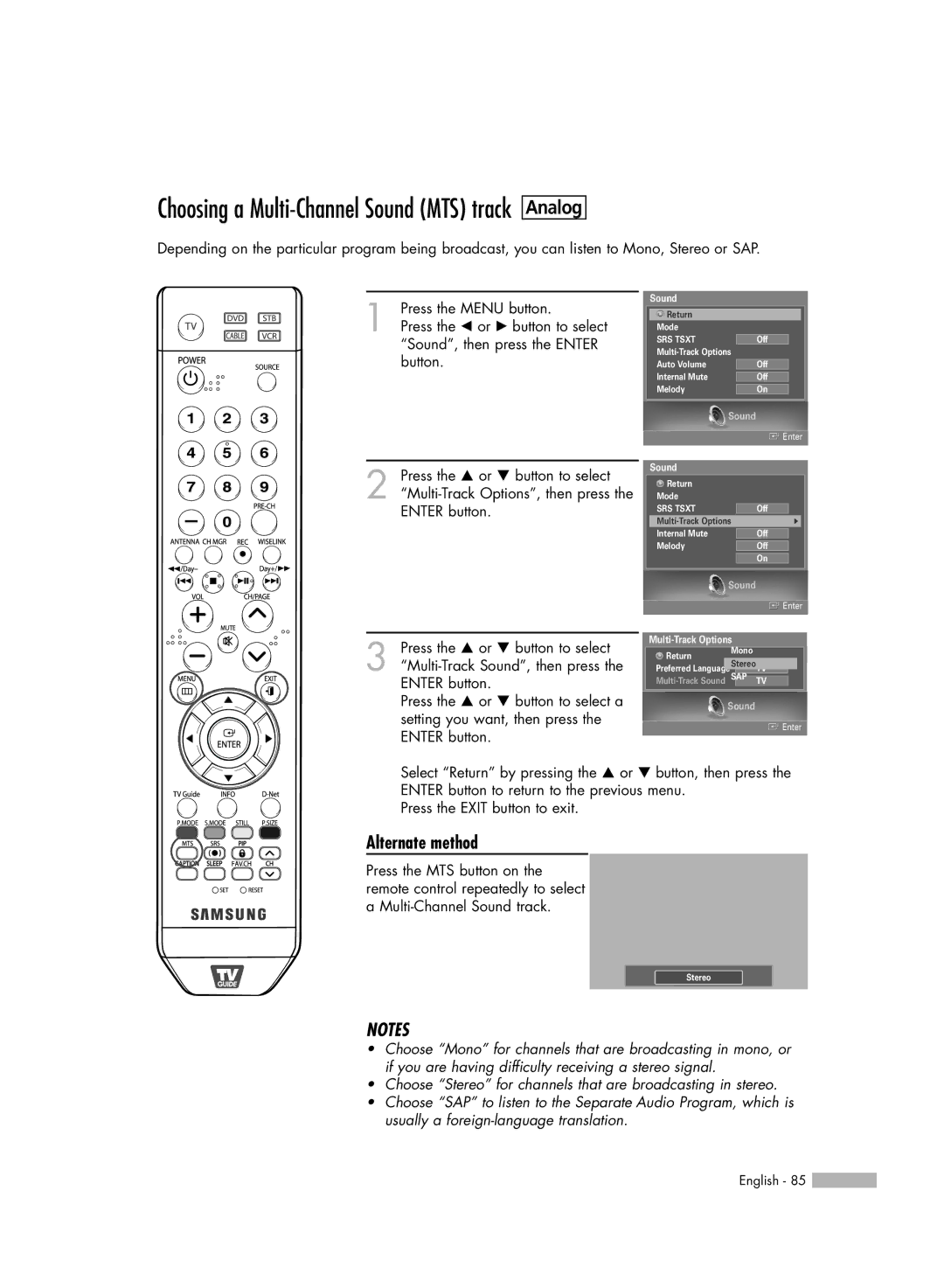 Samsung HL-S5679W manual Return Mono 