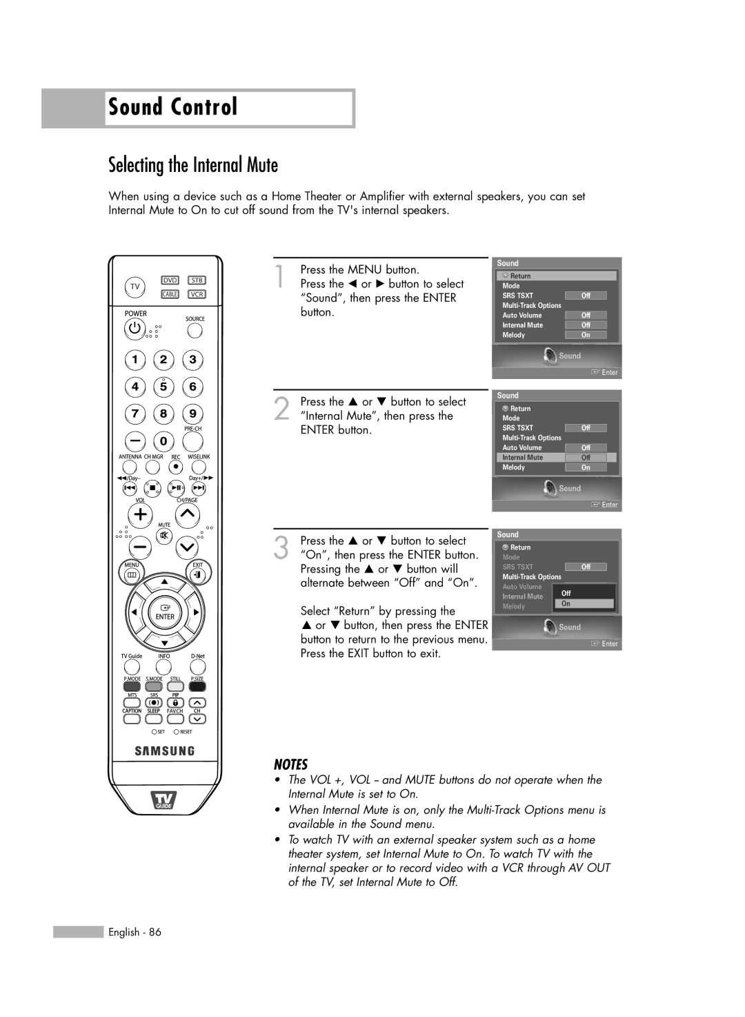 Samsung HL-S5679W manual Selecting the Internal Mute 