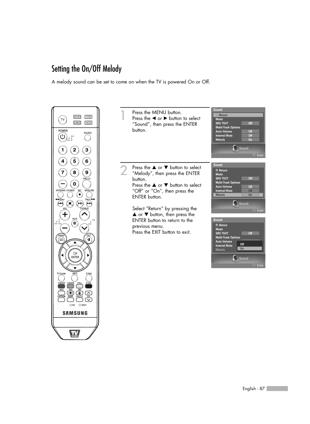 Samsung HL-S5679W manual Setting the On/Off Melody 