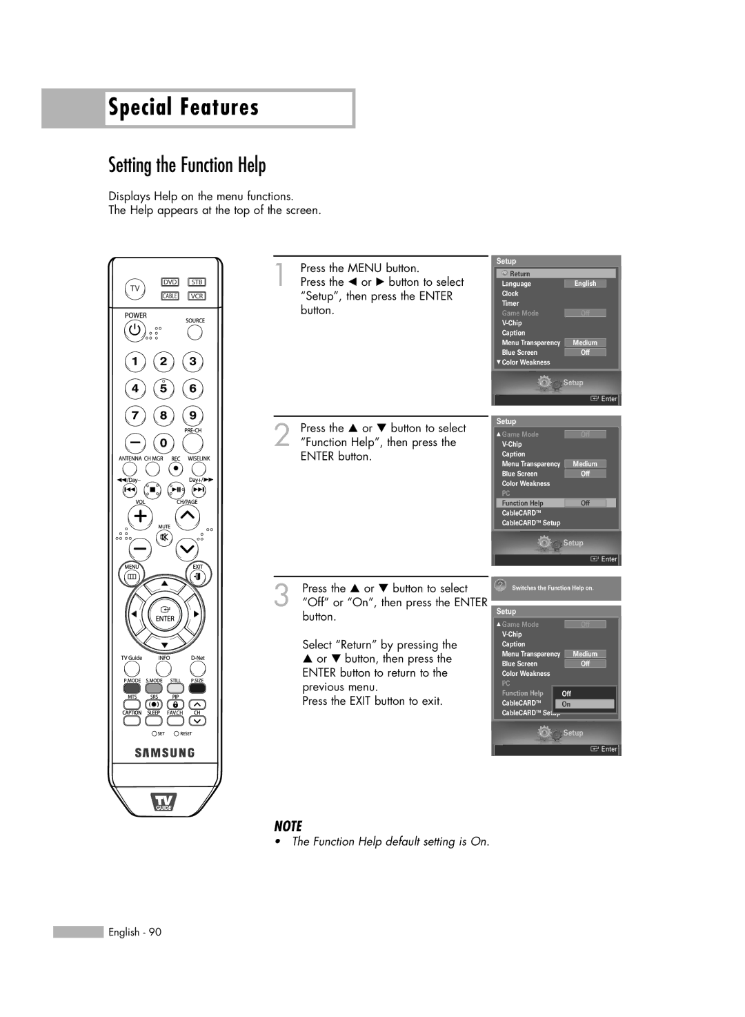 Samsung HL-S5679W manual Special Features, Setting the Function Help 