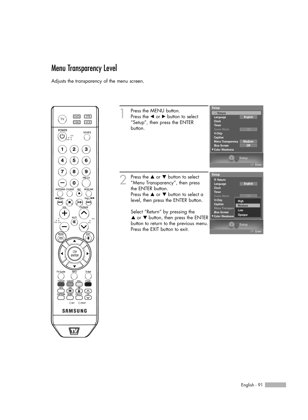 Samsung HL-S5679W manual Menu Transparency Level 