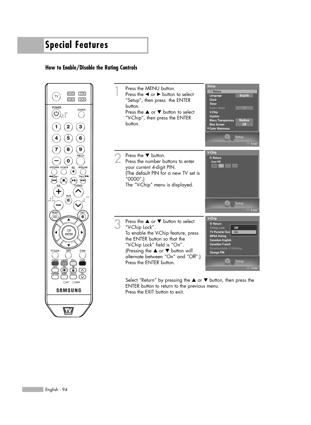 Samsung HL-S5679W manual How to Enable/Disable the Rating Controls 